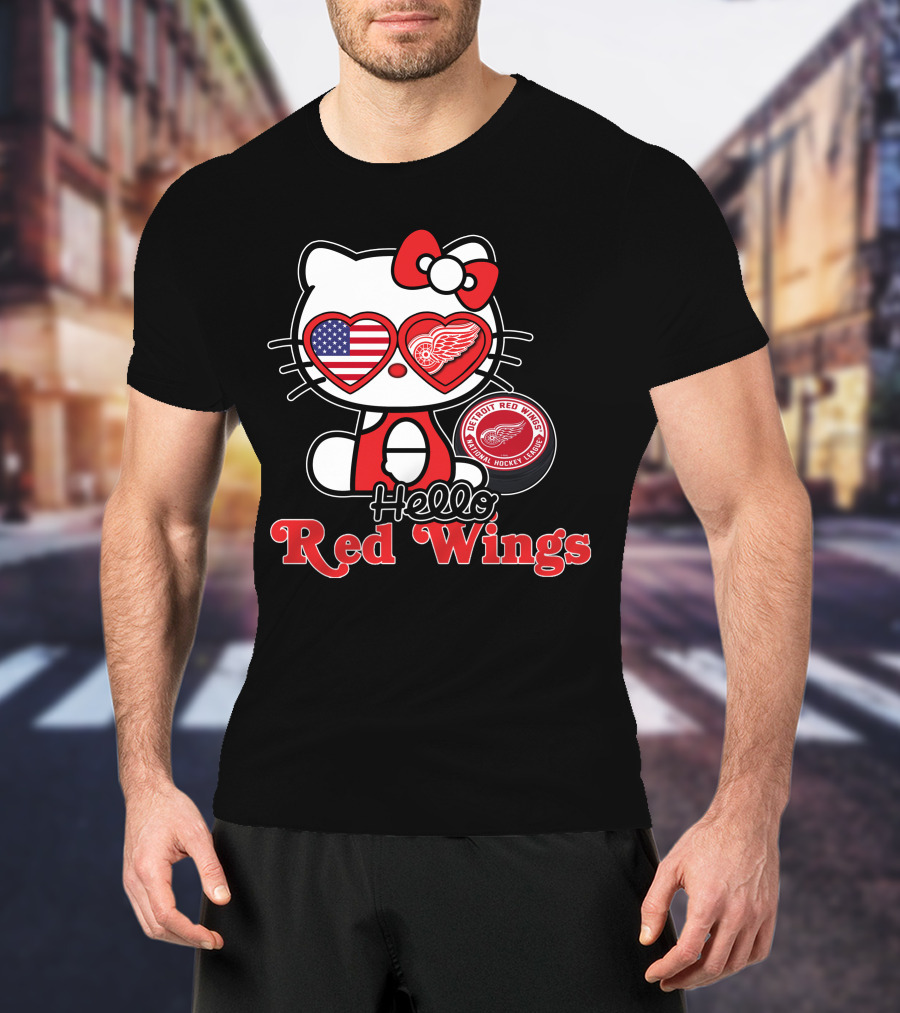 Hello Kitty Detroit Red Wings NHL American Flag T-Shirt