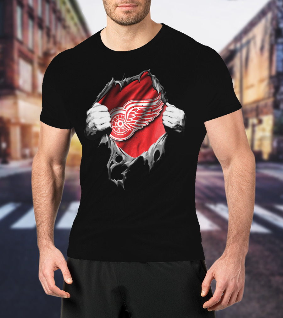 Detroit Red Wings Hockey Emblem Behind Ripped Fabric Peeking Out T-Shirt