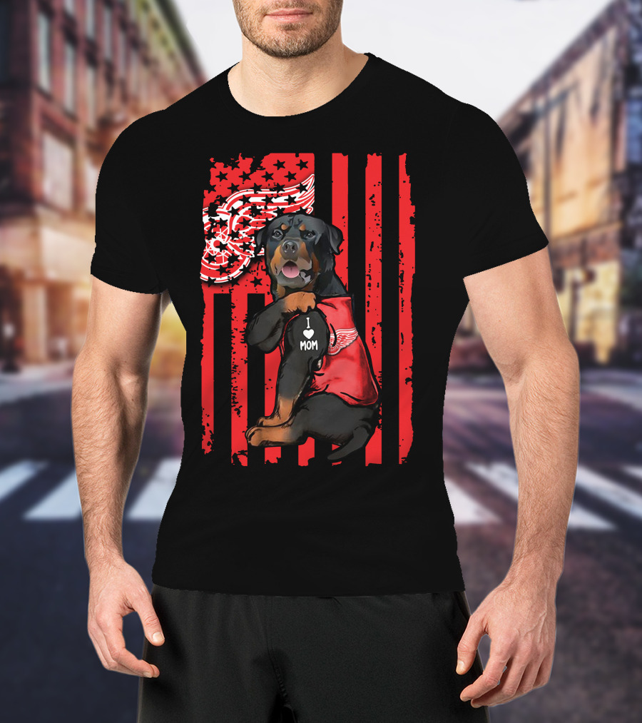 Rottweiler I Love Mom Detroit Red Wings American Flag T-Shirt