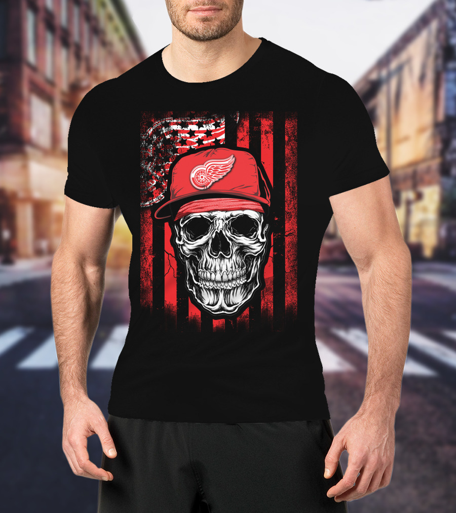 Skull Detroit Red Wings American Flag Hat T-Shirt