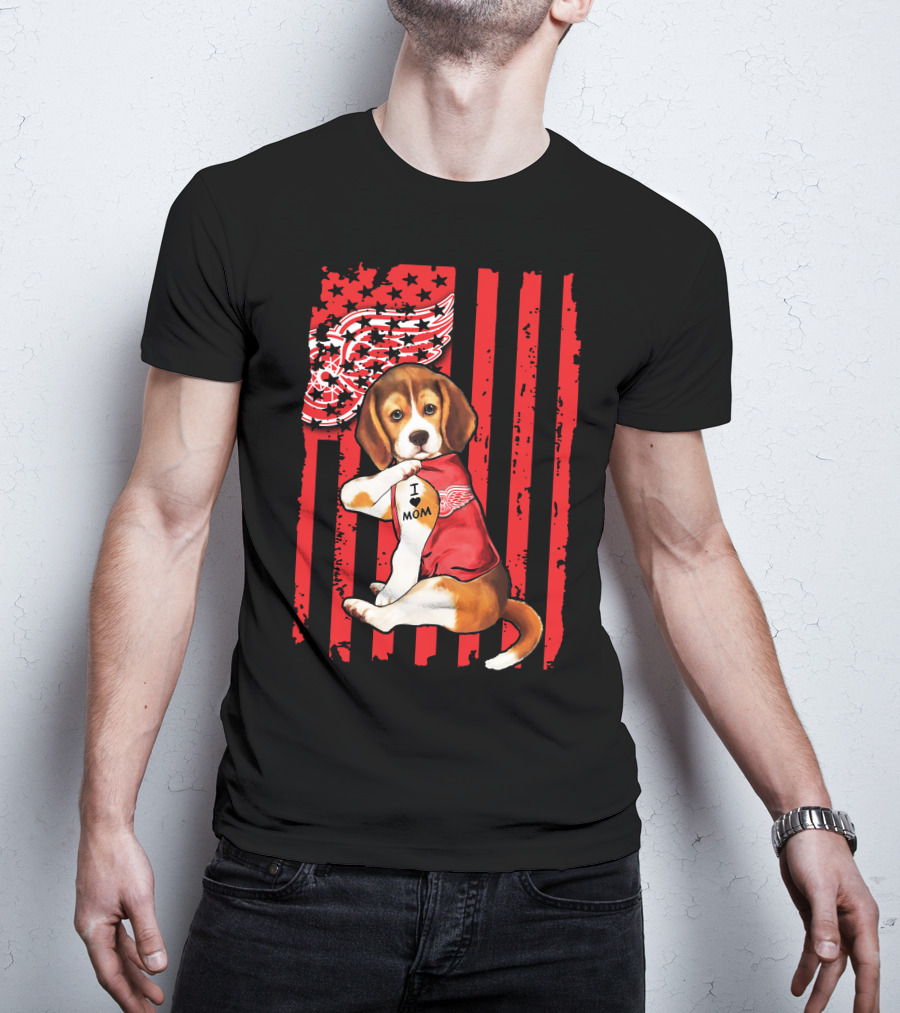 Beagle I Love Mom Detroit Red Wings Red Stripes T-Shirt
