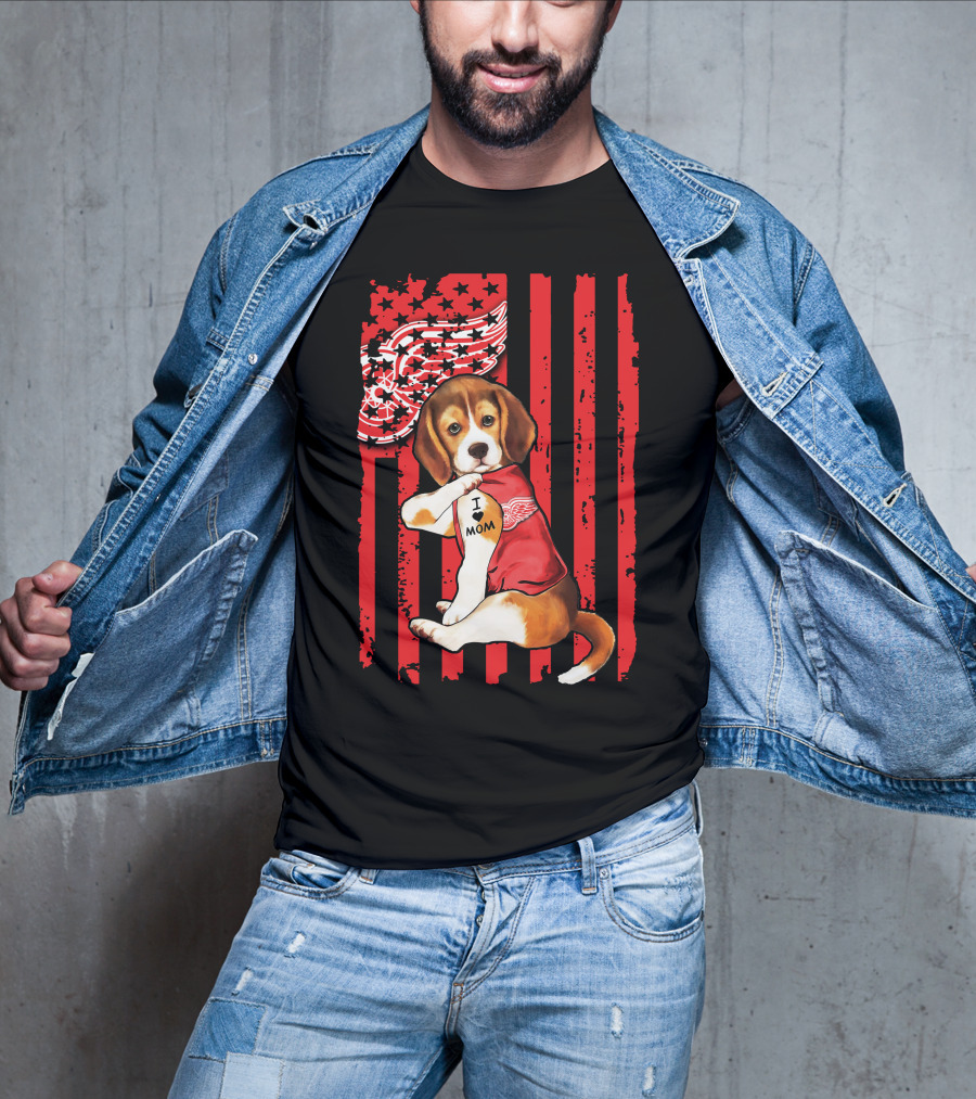 Beagle I Love Mom Detroit Red Wings Red Stripes T-Shirt