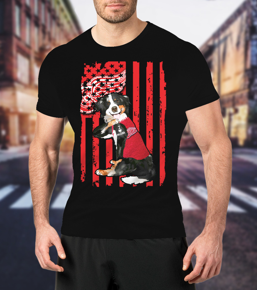 Border Collie I Love Mom Detroit Red Wings USA Flag T-Shirt