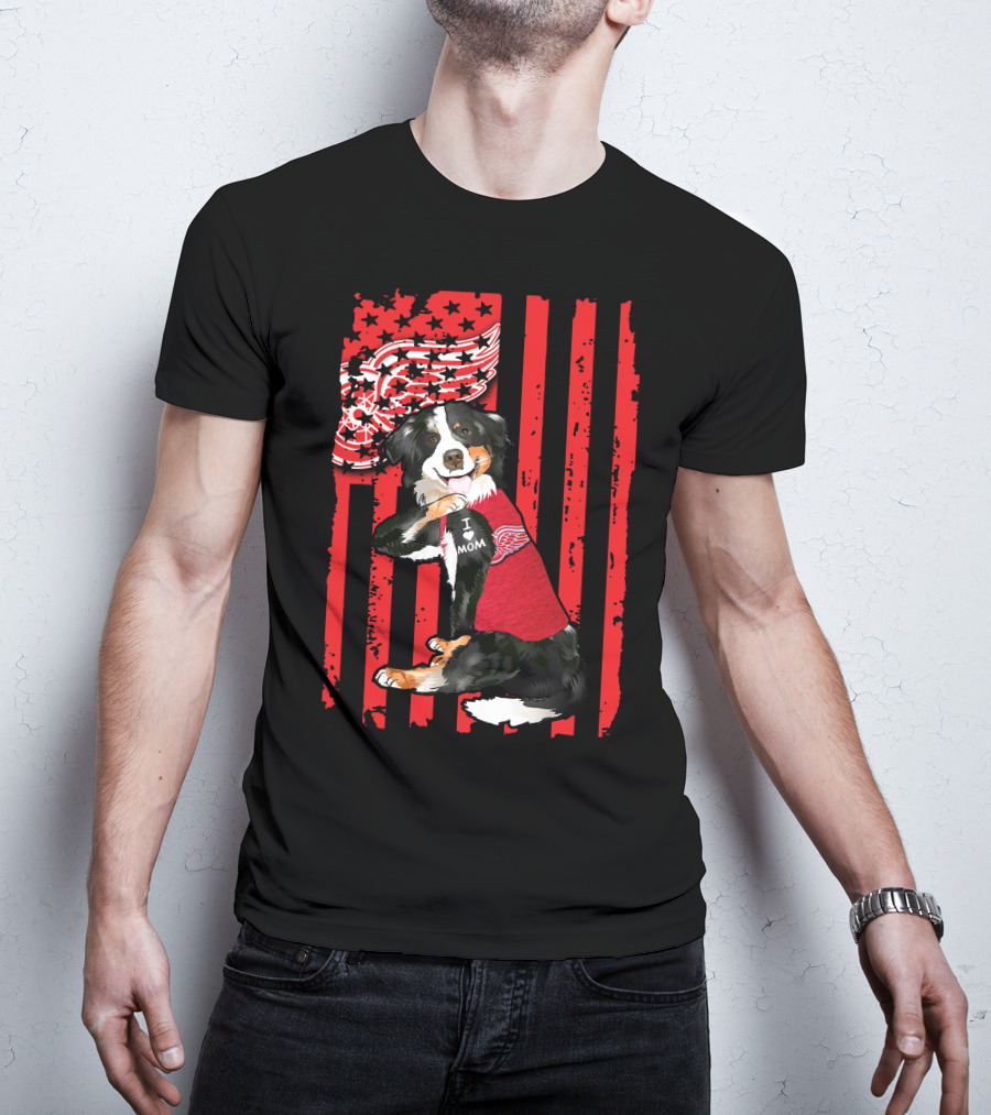 Border Collie I Love Mom Detroit Red Wings USA Flag T-Shirt
