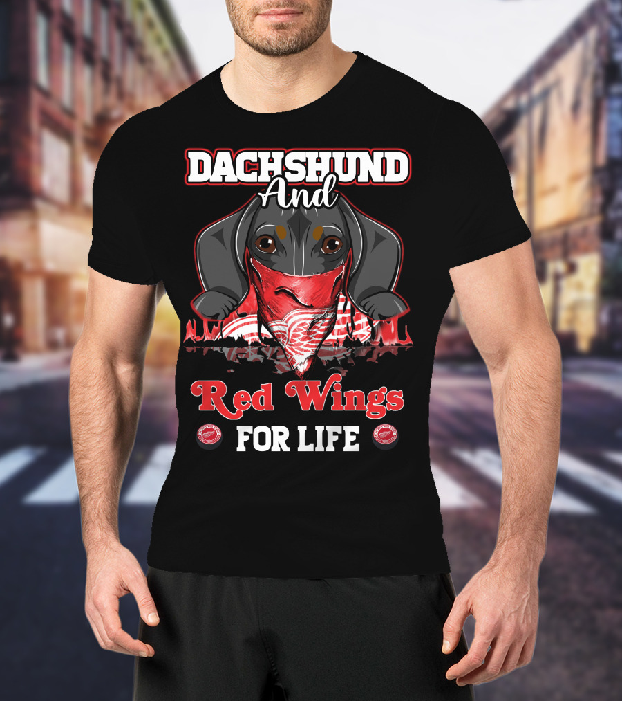 Dachshund And Red Wings For Life Detroit T-Shirt