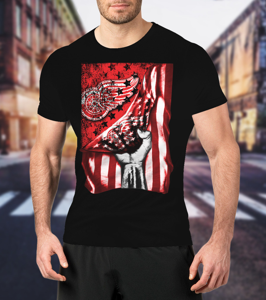 Detroit Red Wings American Flag Fist Star Graphics T-Shirt