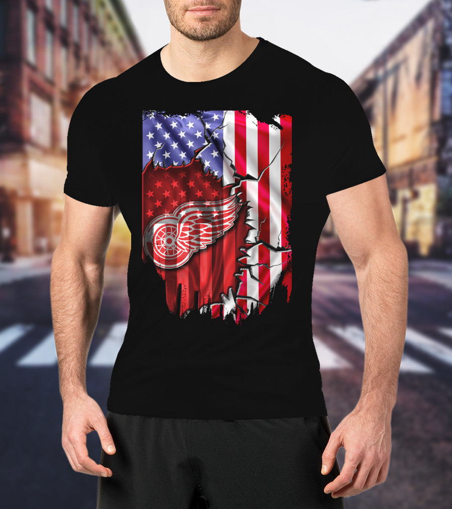 Flag Stars And Stripes Detroit Red Wings Winged Wheel T-Shirt