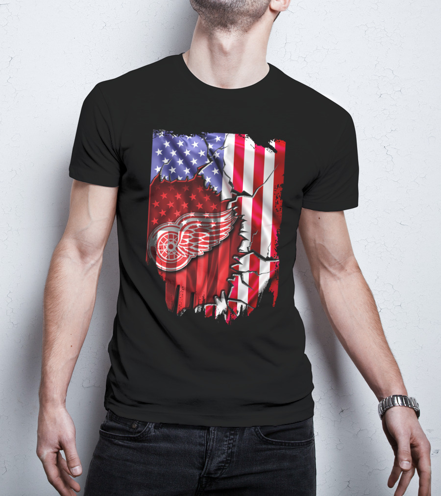 Flag Stars And Stripes Detroit Red Wings Winged Wheel T-Shirt