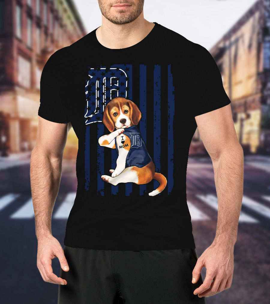 Beagle Puppy I Love Mom Detroit Tigers Stripes T-Shirt