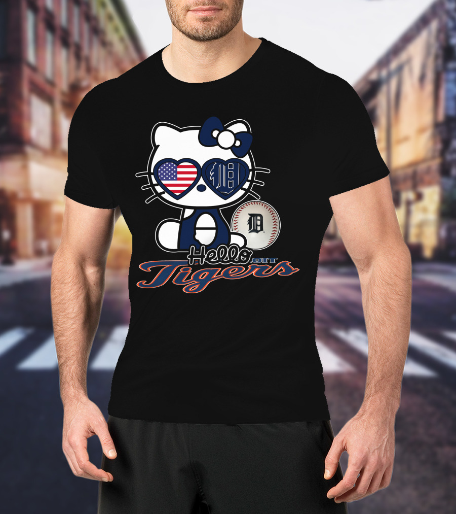 Hello Kitty Detroit Tigers American Flag Baseball T-Shirt