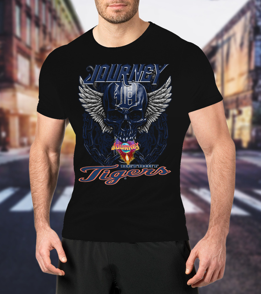 Journey Detroit Tigers Skull Wings Flame T-Shirt