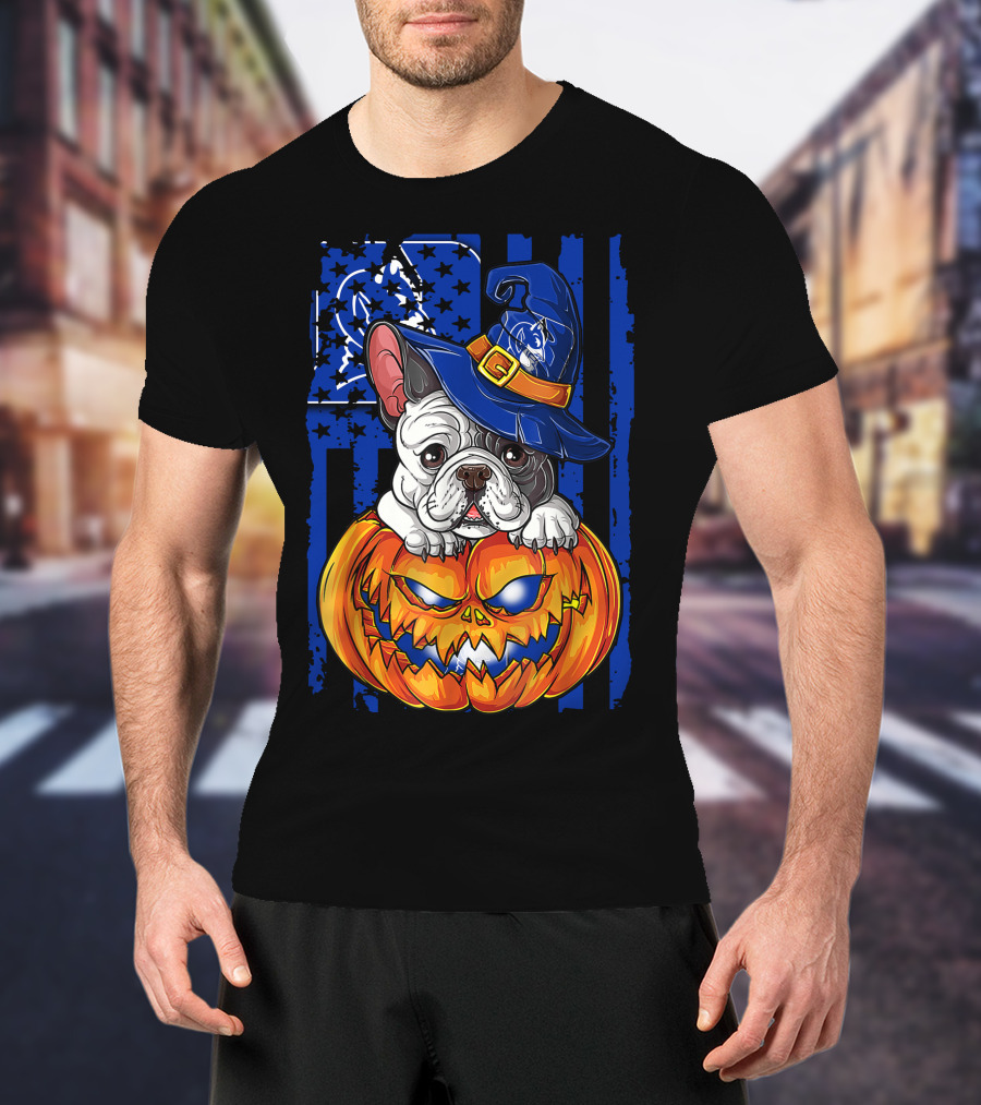 Hlw Bulldog On Duke Blue Devils Themed Halloween Pumpkin With Wizard Hat T-Shirt
