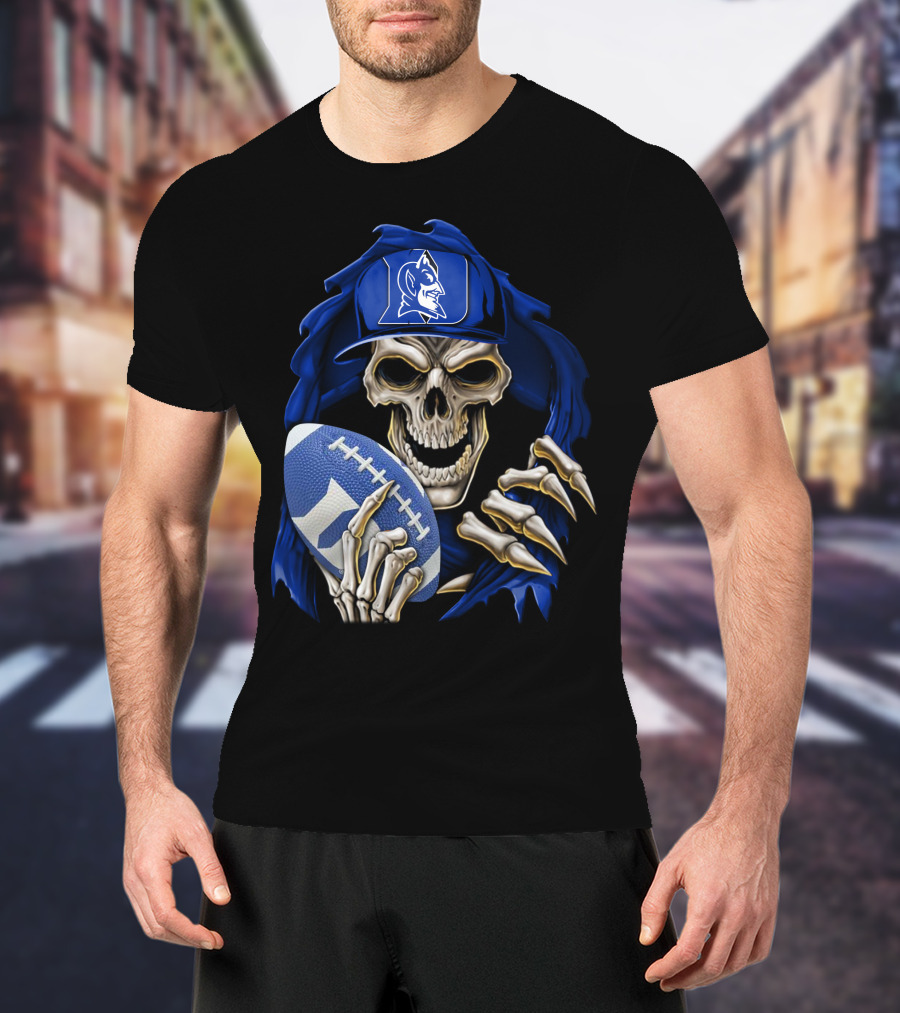 Duke Blue Devils Skull With Football And Logo Hat T-Shirt