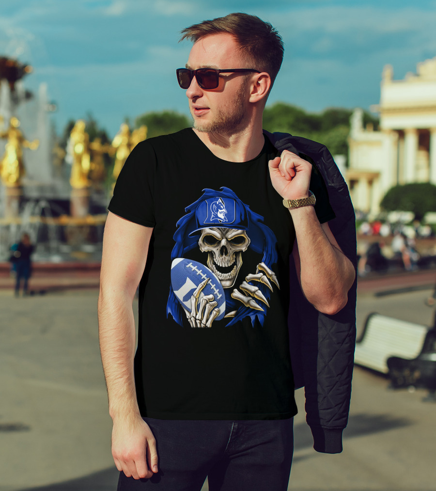 Duke Blue Devils Skull With Football And Logo Hat T-Shirt
