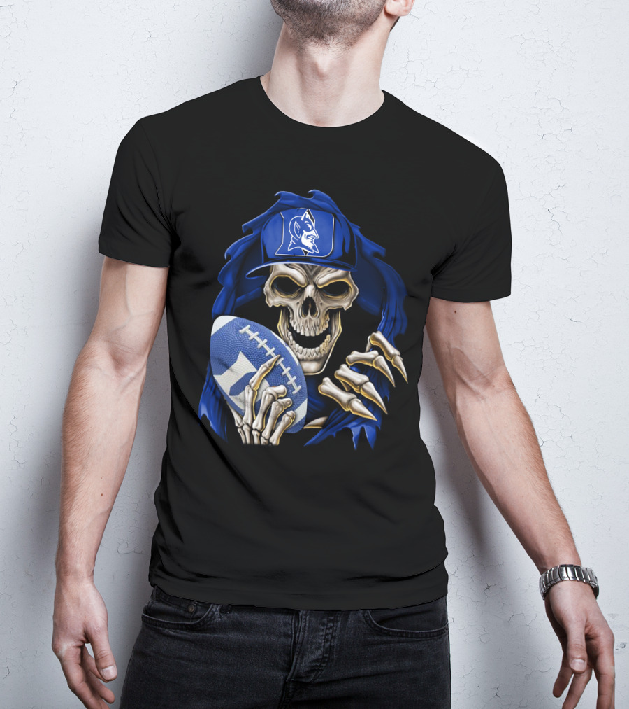Duke Blue Devils Skull With Football And Logo Hat T-Shirt