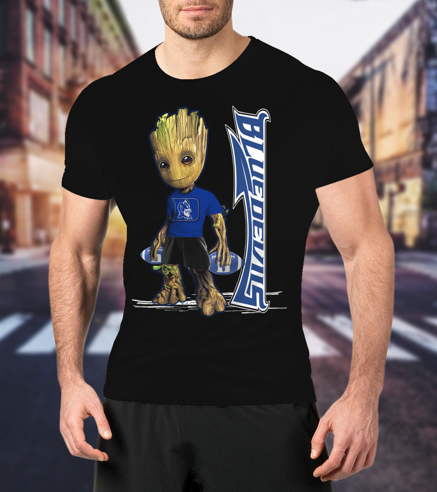 Groot Wearing Duke Blue Devils Shirt With Blue Devils Logo And Football T-Shirt