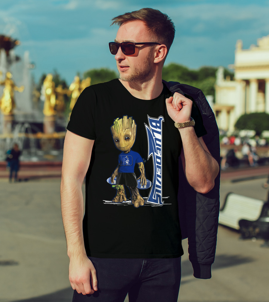 Groot Wearing Duke Blue Devils Shirt With Blue Devils Logo And Football T-Shirt