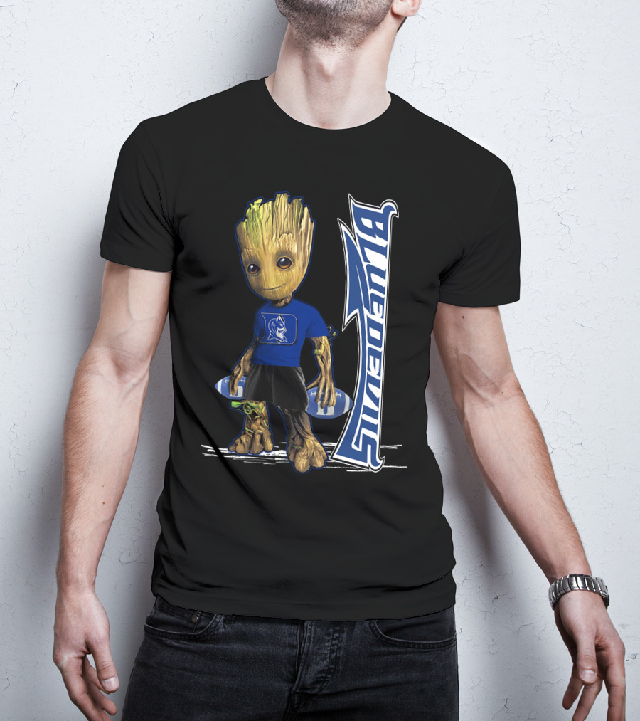 Groot Wearing Duke Blue Devils Shirt With Blue Devils Logo And Football T-Shirt