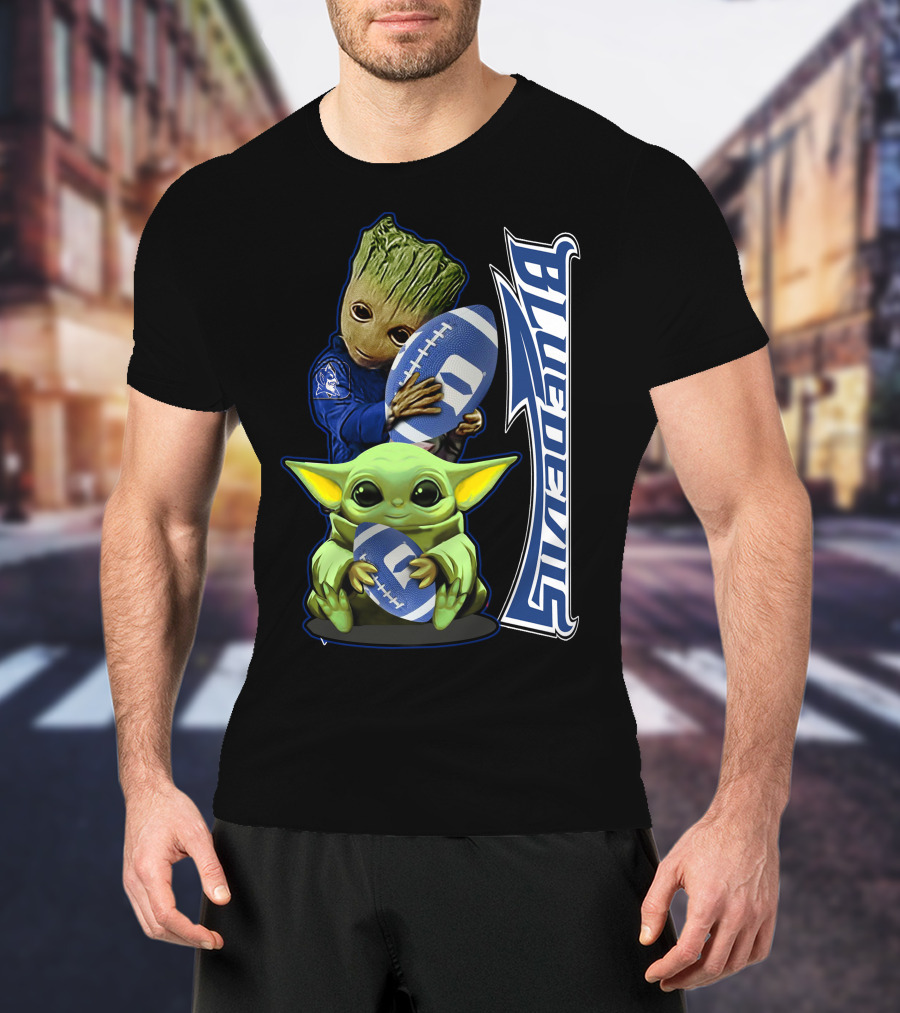 Grzd Duke Blue Devils Groot And Baby Yoda Holding Football T-Shirt