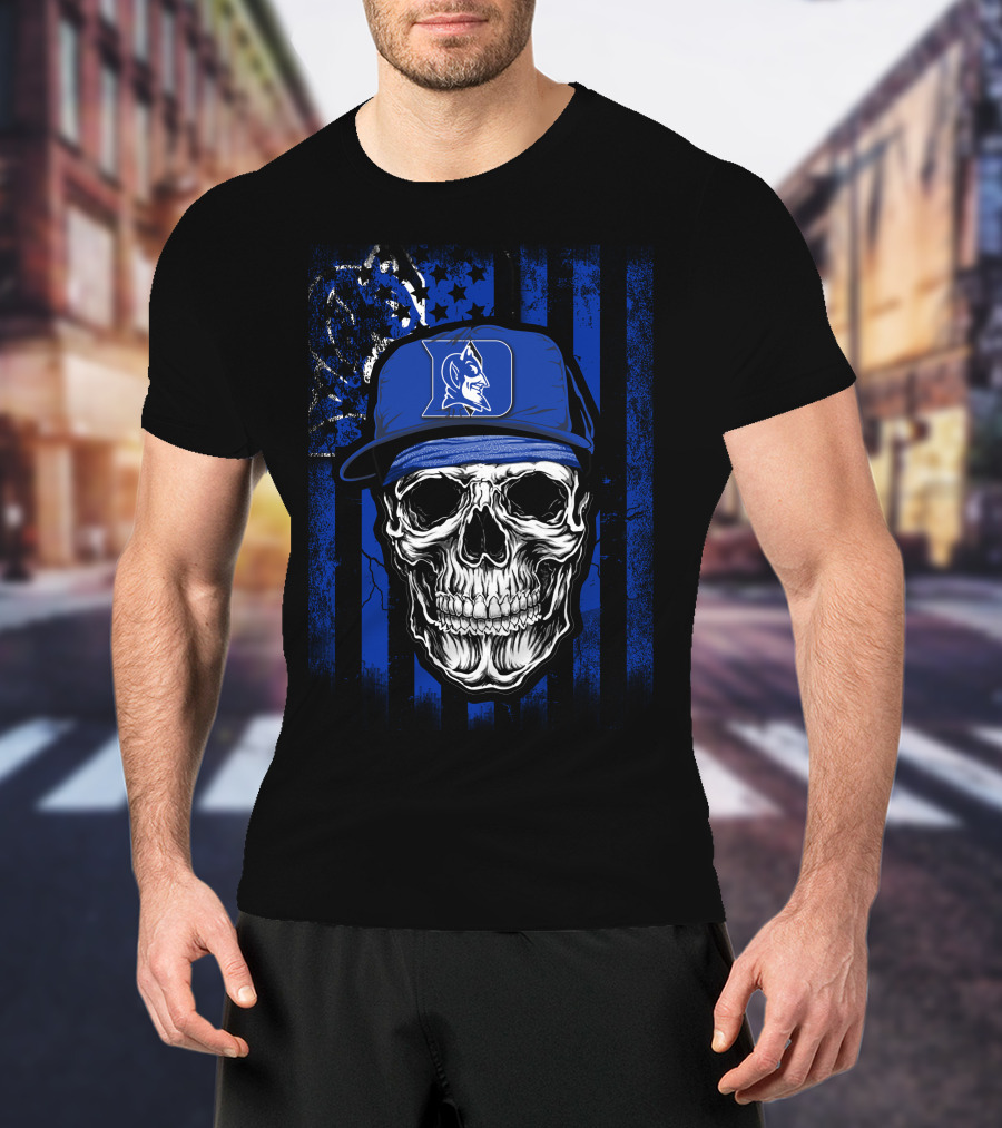Skull With Duke Blue Devils Cap And American Flag Background T-Shirt