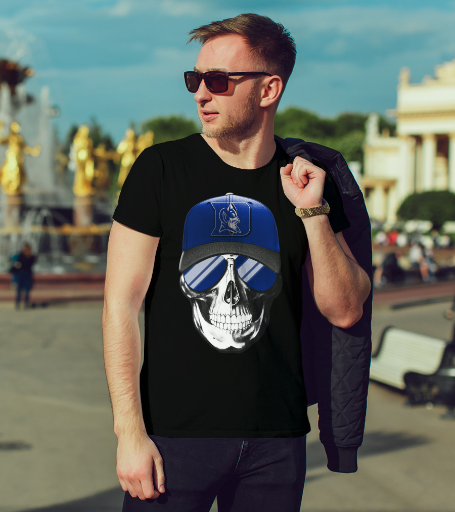 Skull Wearing Duke Blue Devils Logo Hat And Sunglasses T-Shirt