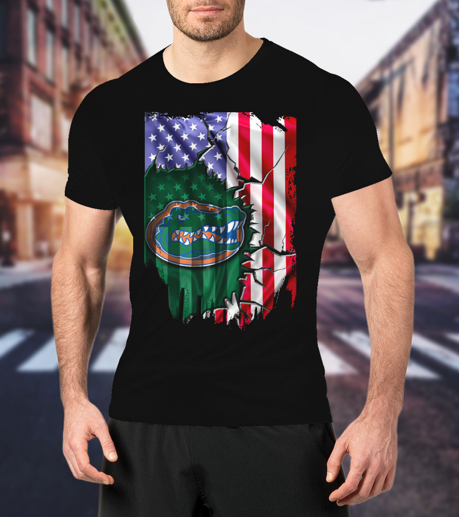 United States Flag Ripped With Florida Gators T-Shirt