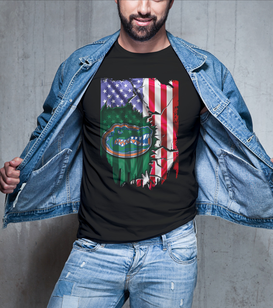 United States Flag Ripped With Florida Gators T-Shirt