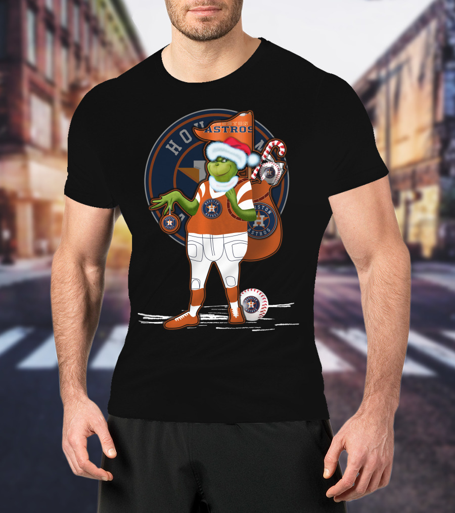 Grinchxmas Houston Astros Santa Hat Baseball Player With Logo And Candy Cane Sack T-Shirt