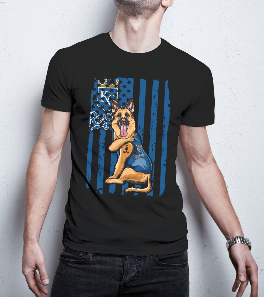 KC Royals German Shepherd Fan With I Love Mom Tattoo T-Shirt