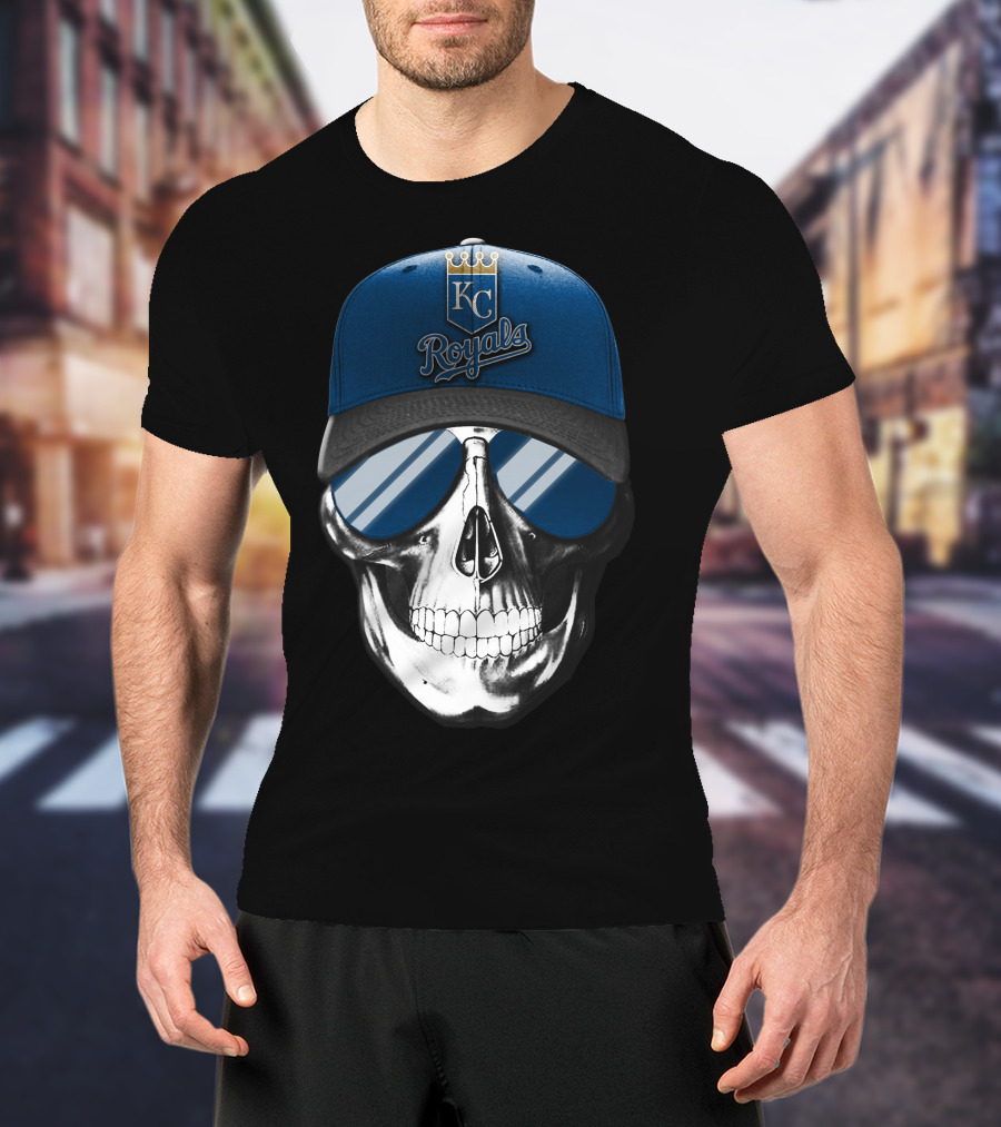 Skull With Kansas City Royals Baseball Cap And Sunglasses T-Shirt