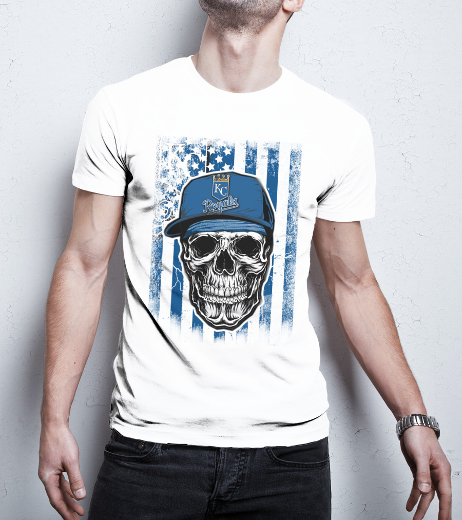 Kansas City Royals Skull With Blue Hat And Crown Symbol On T-Shirt