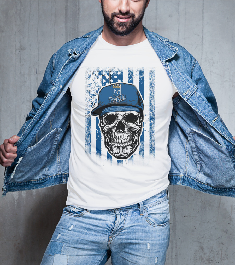 Kansas City Royals Skull With Blue Hat And Crown Symbol On T-Shirt