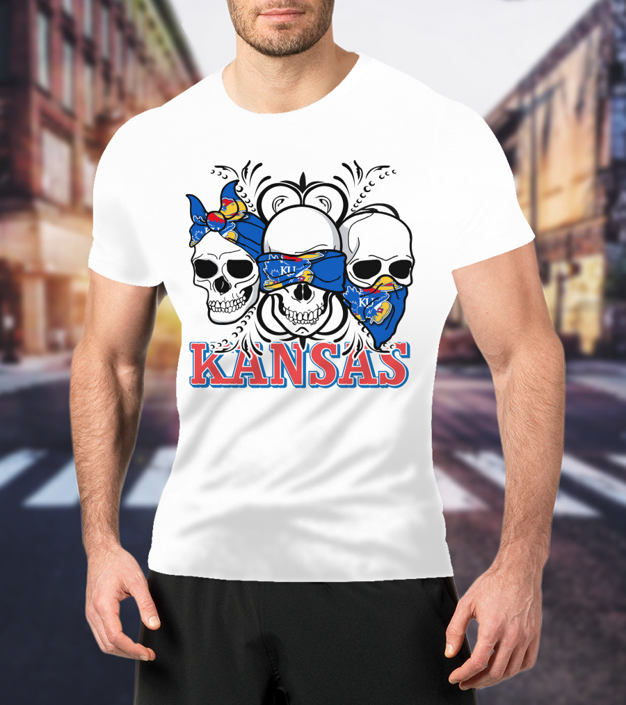 Kansas Jayhawks Skulls Bandana T-Shirt