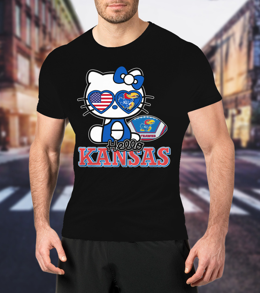Hello Kitty Kansas Jayhawks KU Football American Flag T-Shirt
