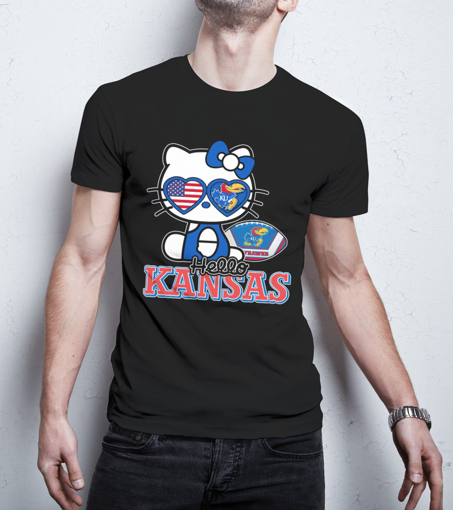 Hello Kitty Kansas Jayhawks KU Football American Flag T-Shirt