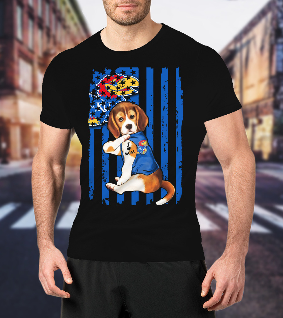 I Love Mom Beagle Wearing Kansas Jayhawks Logo Blue Flag Background T-Shirt