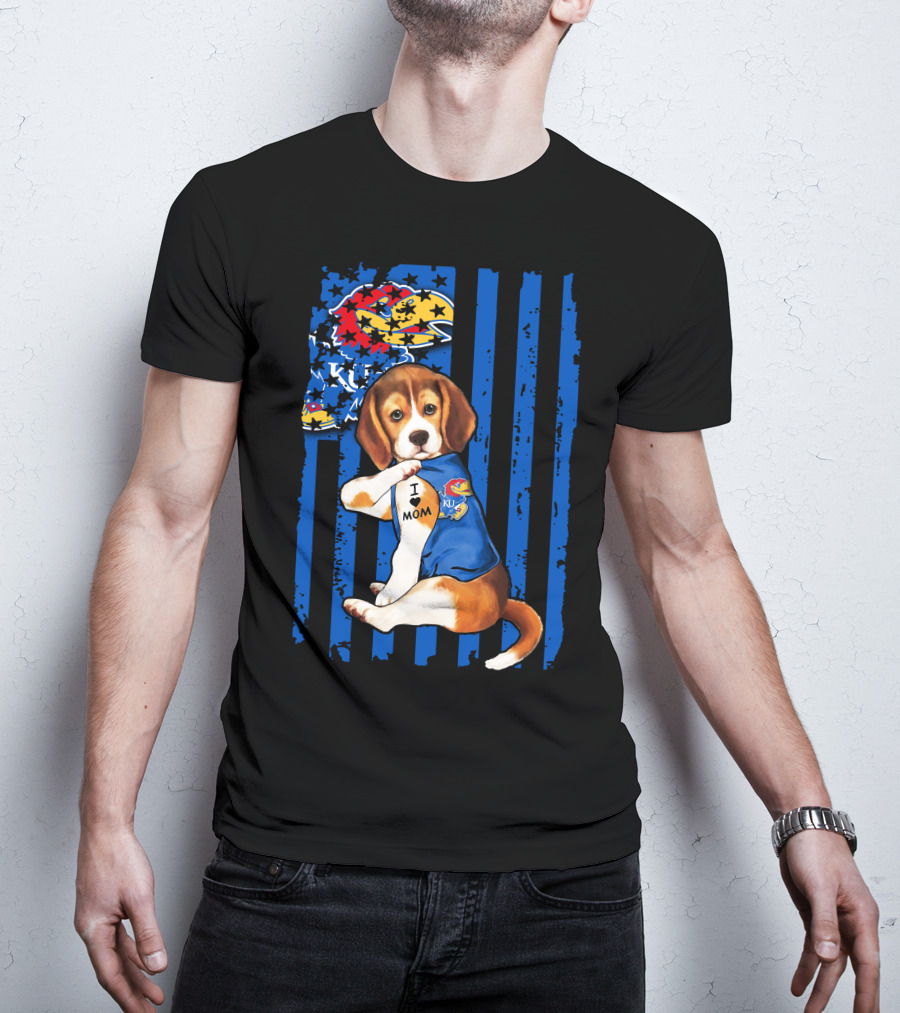 I Love Mom Beagle Wearing Kansas Jayhawks Logo Blue Flag Background T-Shirt