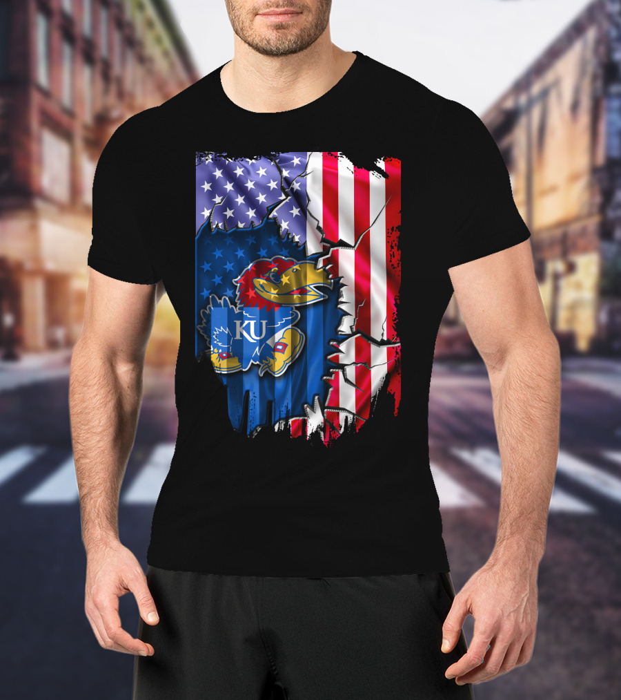 Flag Kansas Jayhawks American USA Torn Design KU T-Shirt