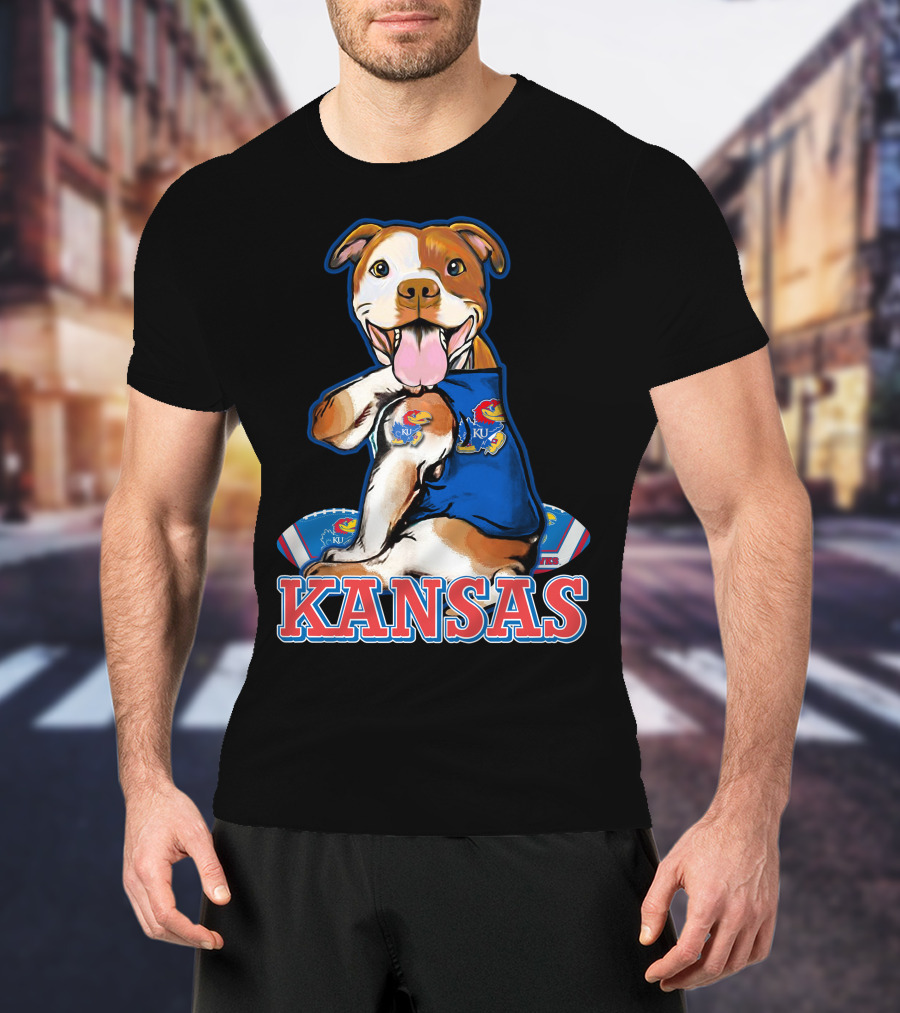 Kansas Pitbull Mascot With Jayhawks Football T-Shirt