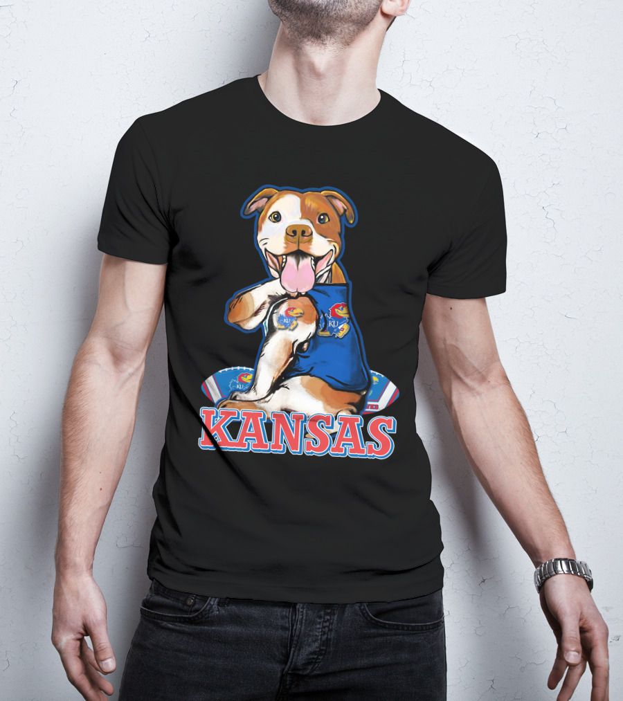 Kansas Pitbull Mascot With Jayhawks Football T-Shirt