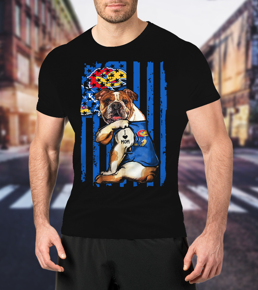 Bulldog Wearing Kansas Jayhawks I Love Mom Tattoo With Blue Stripes And Jayhawk T-Shirt