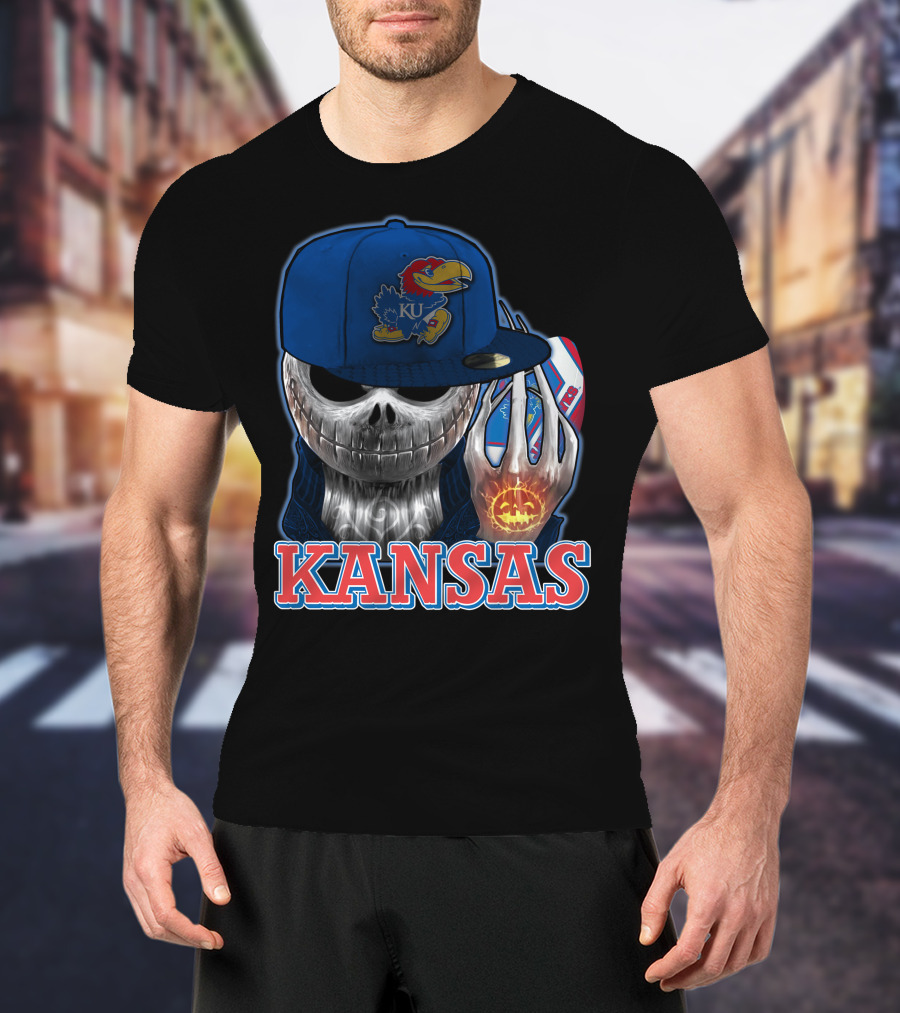 Kansas Jayhawks Skull Halloween Pumpkin Blue Cap T-Shirt