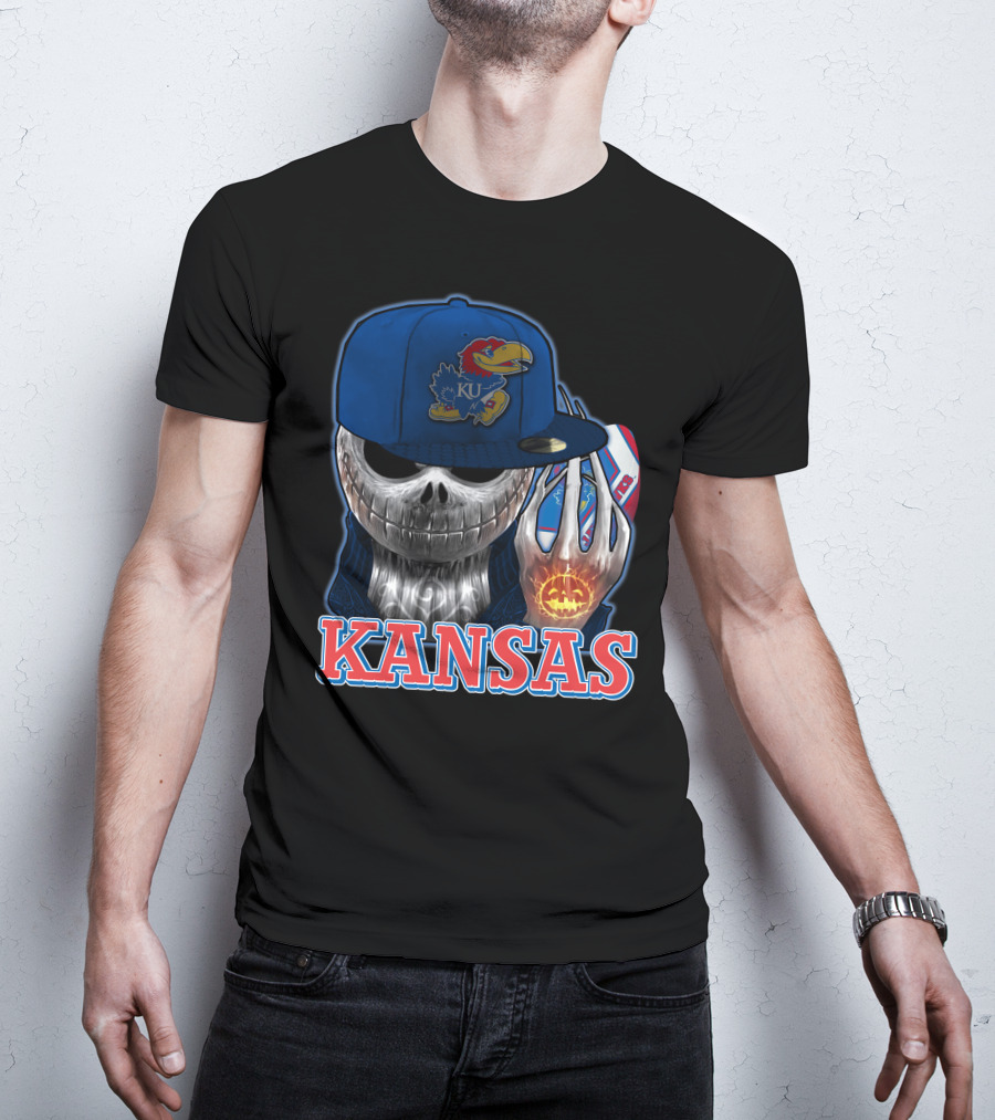 Kansas Jayhawks Skull Halloween Pumpkin Blue Cap T-Shirt