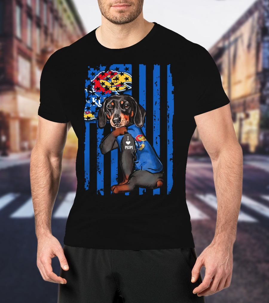 Dachshund I Love Mom Kansas Jayhawks Blue Stripes T-Shirt