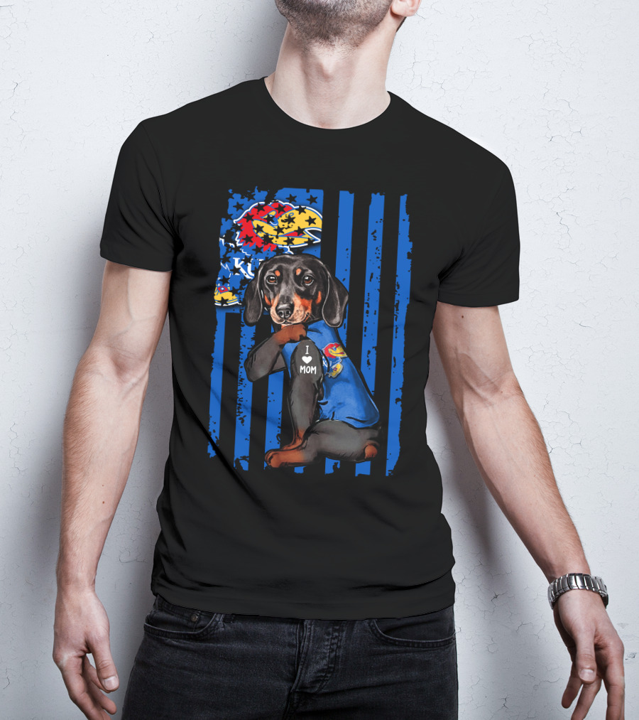 Dachshund I Love Mom Kansas Jayhawks Blue Stripes T-Shirt