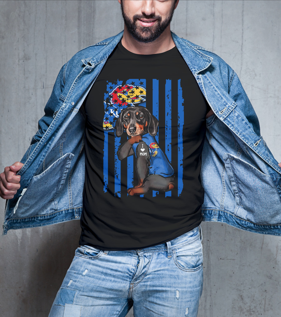 Dachshund I Love Mom Kansas Jayhawks Blue Stripes T-Shirt
