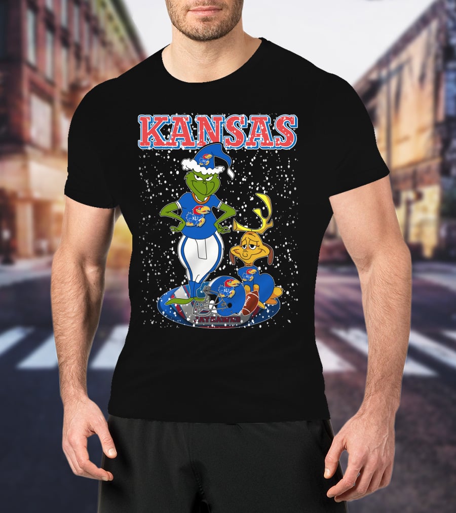 Kansas Grinchxmas Jayhawks KU Snowy Football Holiday T-Shirt