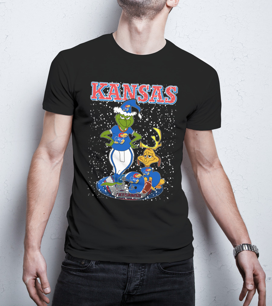 Kansas Grinchxmas Jayhawks KU Snowy Football Holiday T-Shirt