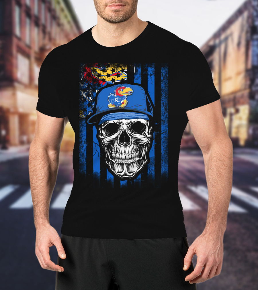 Skull Kansas Jayhawks KU Logo Hat Blue And Red Stripes T-Shirt
