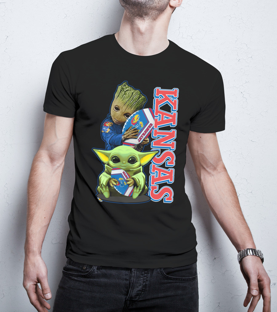 Kansas Jayhawks Groot Baby Yoda Football Hug T-Shirt
